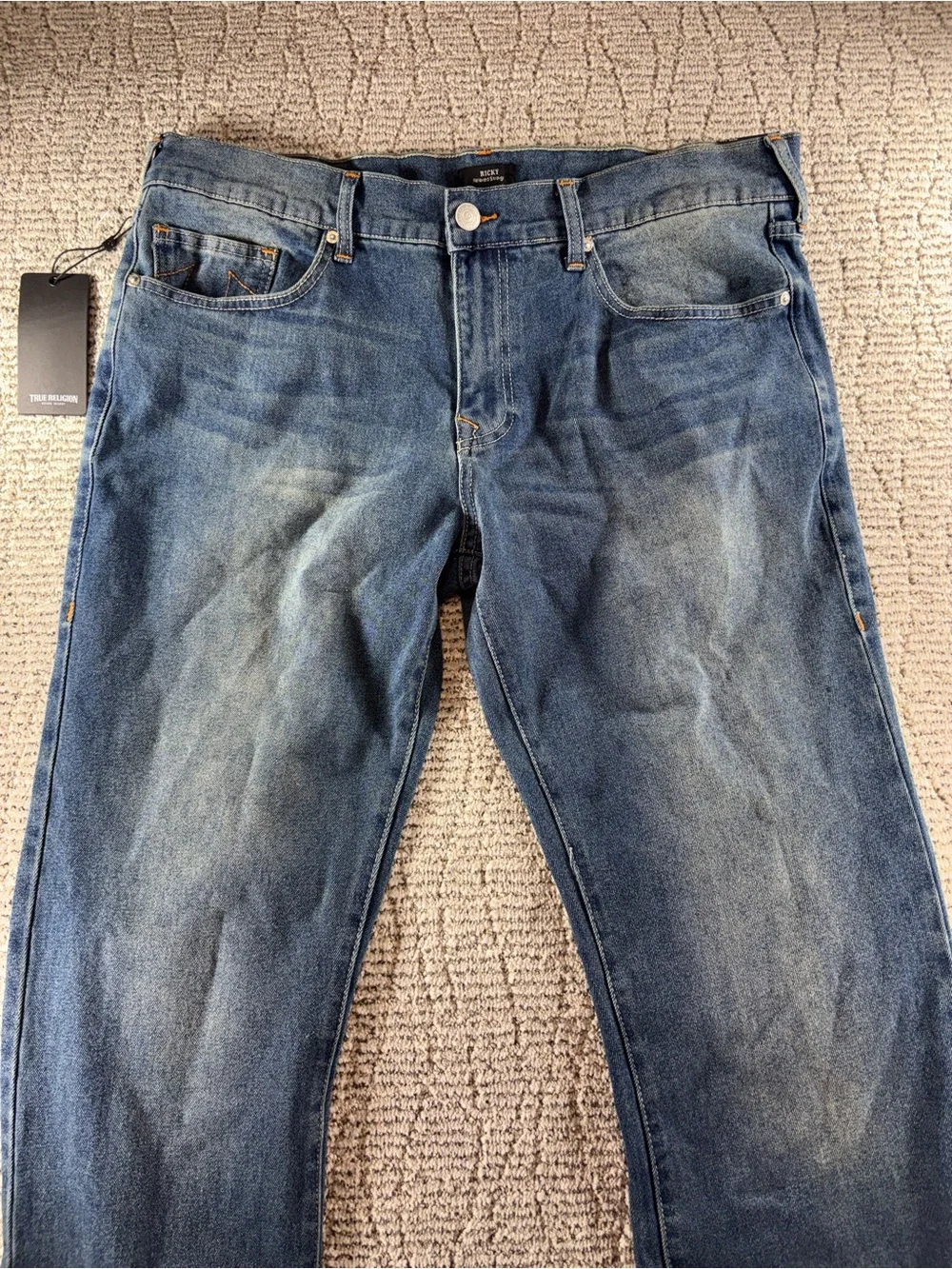 NWT True Religion 38/34 Medium Ocean Storm Ricky Ladder Stitch Straight Jeans